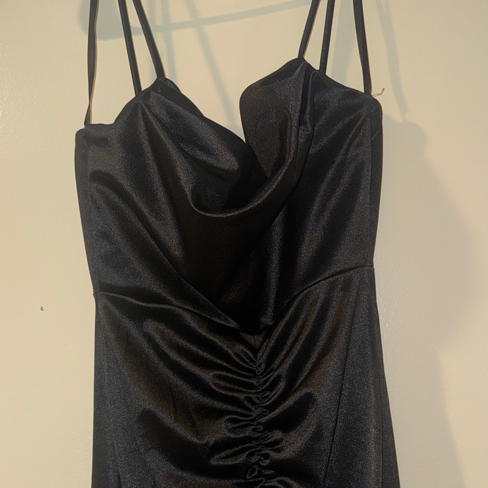 Windsor Black Satin Ruched Midi Slip Dress